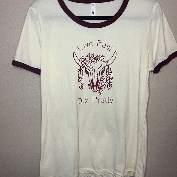 Live Fast Die Pretty Women's Ringer Tee Cream Next Level Brand NWOT Size XL - Picture 2 of 5